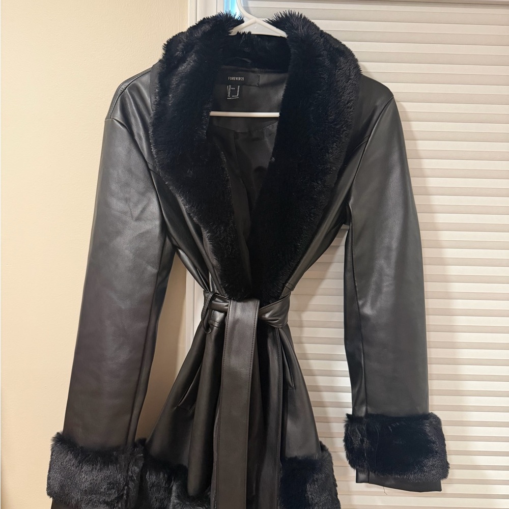Forever 21 Black Faux Leather Wrap Coat with Faux Fur Collar & Cuffs